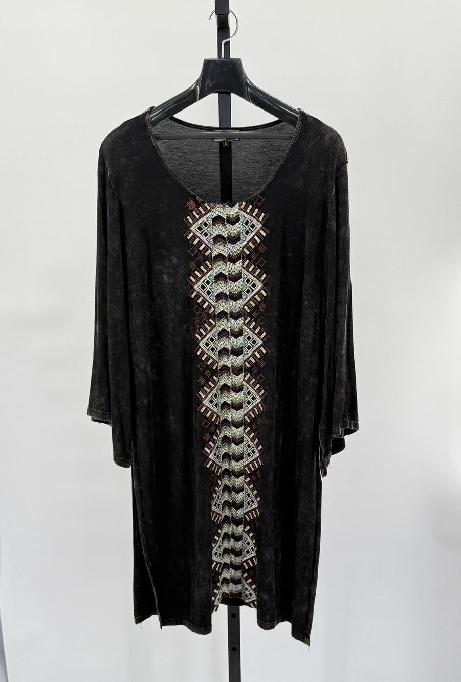 POL Black Stretch Knit Embroidered L Tunic Boho Gothic Western Country Goth